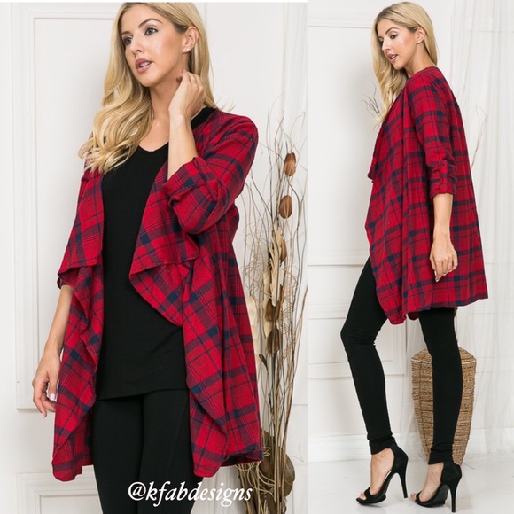 LAST! Soft Plaid Red Open Cardigan with Roll Up Sleeves! - Picture 4 of 8